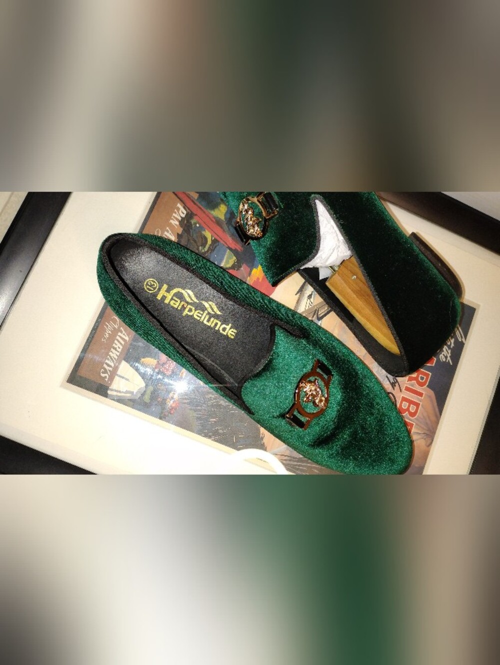 Harpelunde Medical Symbol Buckle Green Velvet Loafers. Size 13 - Picture 3 of 7